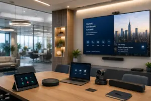 Video conferencing setup supporting UC and AV Solutions in Saudi Arabia for clear communication and collaboration.