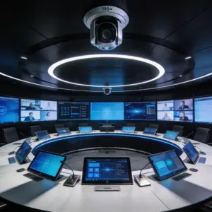 Modern meeting room equipped with audio, video, display, and collaboration technology as part of UC and AV Solutions in Saudi Arabia.