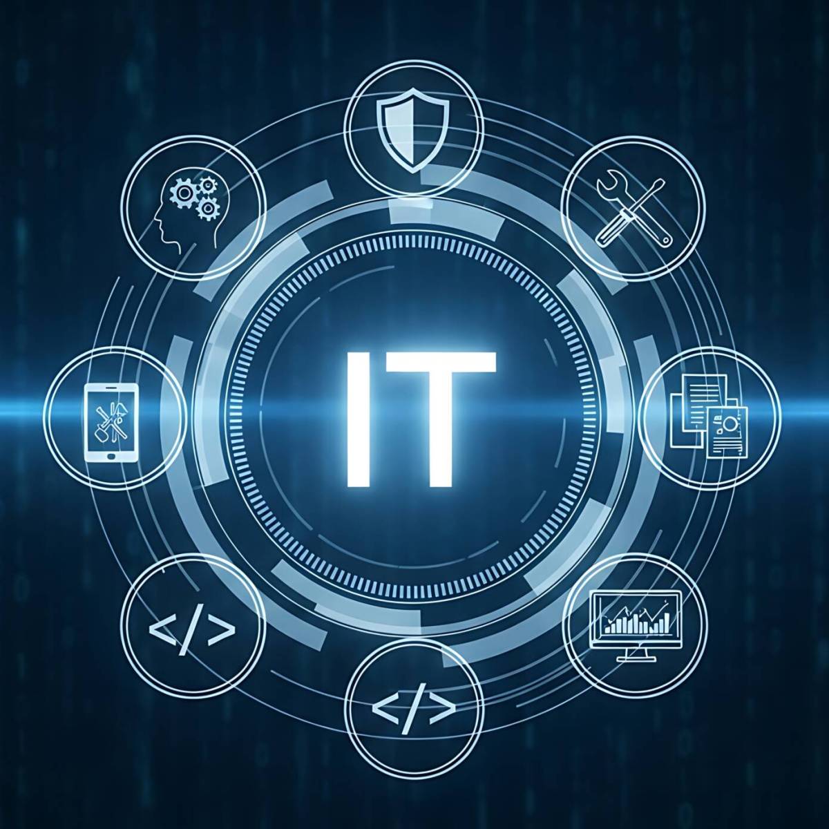 A vibrant illustration depicting IT and digital transformation concepts. This modern design features technology icons, including networks, data, cyber security, and computing elements. Ideal for showcasing business solutions, innovation,...